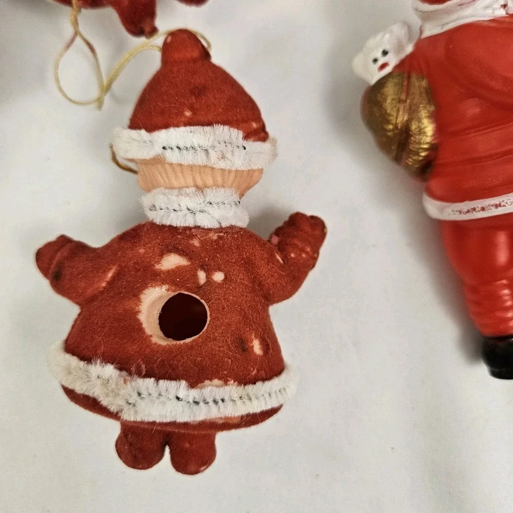 Vintage 6 Blow Mold Santa Mrs Clause Christmas Tree Light Covers MCM Flocked